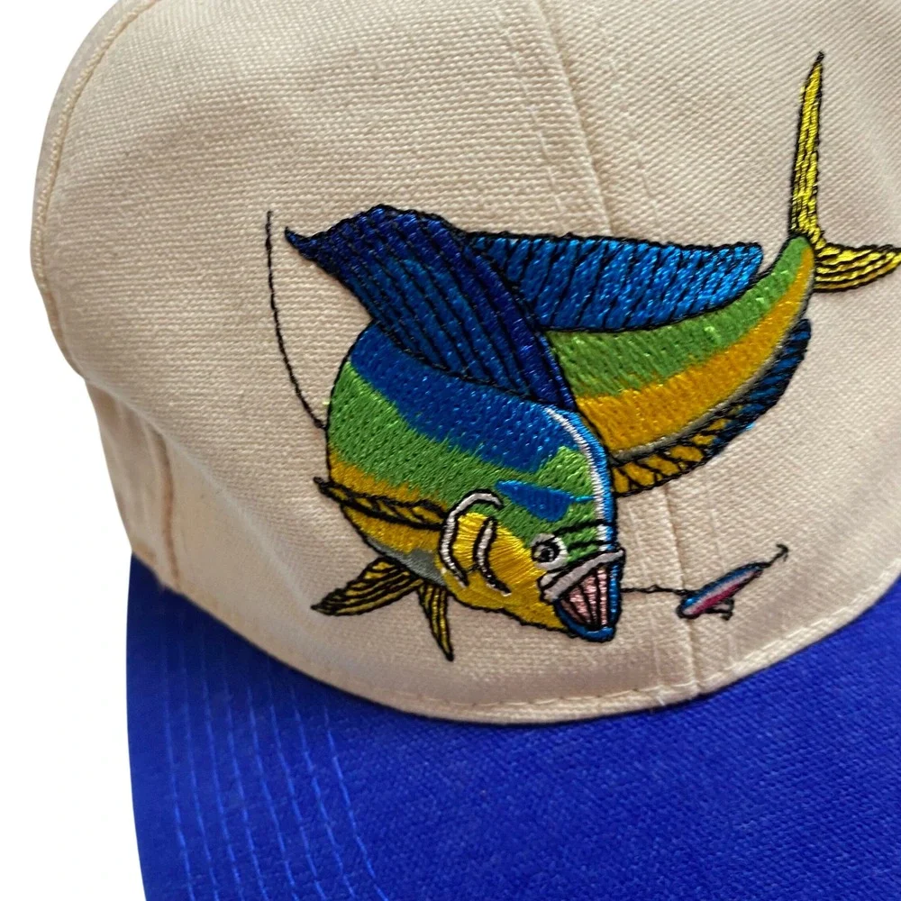 Vintage Mahi Mahi Dorado Fishing‎ Hat Blue Cream Embroidered Trucker Cap